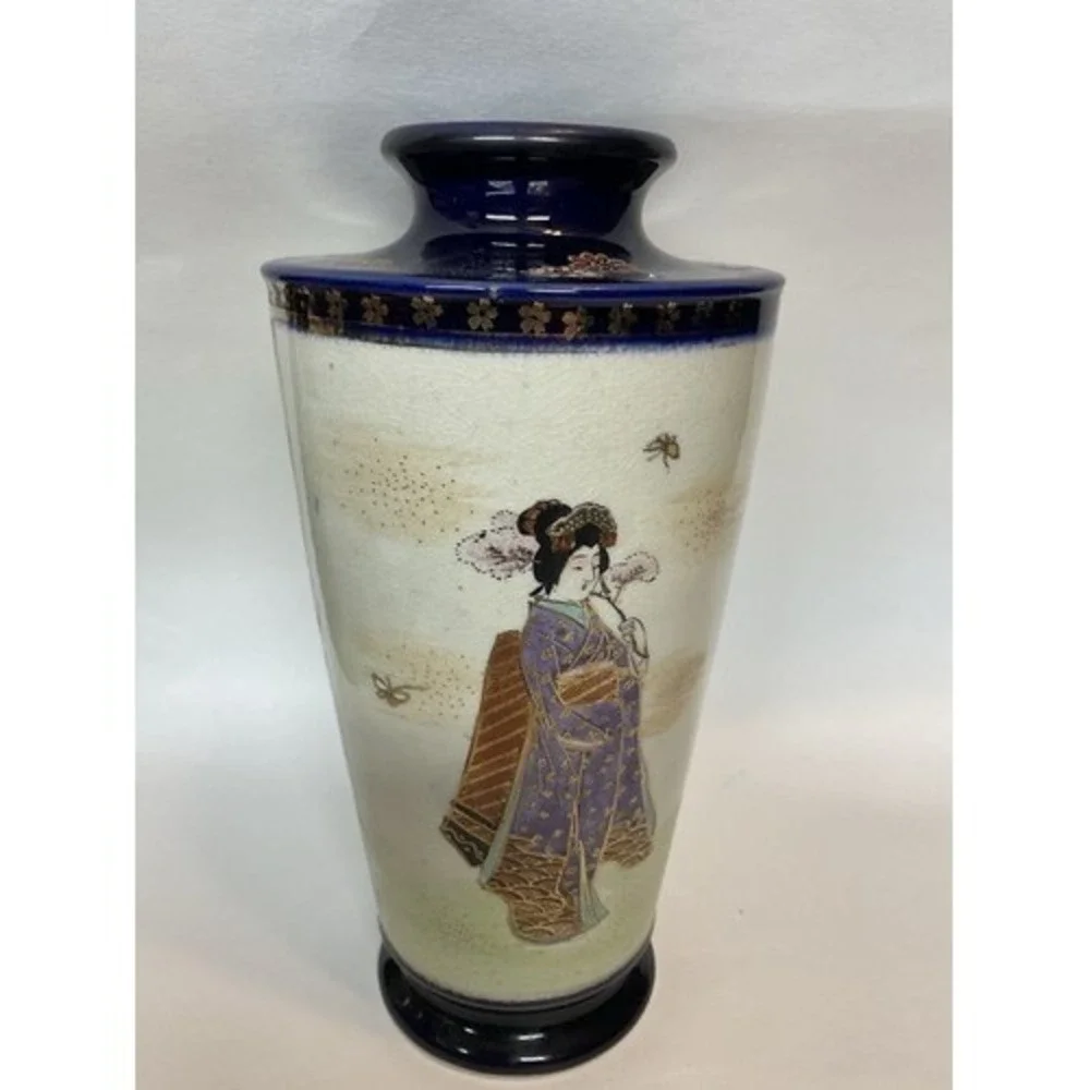 Cobalt Blue/Gold Hand Painted Geisha Satsuma Antique Style Japanese Vase 10